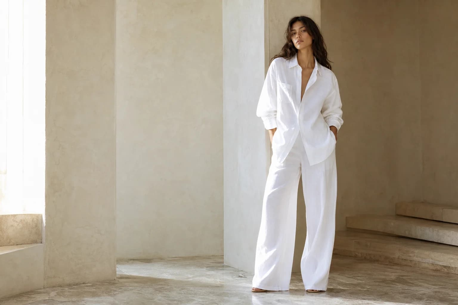 Model wearing an oversized white linen shirt and wide-leg white trousers in a sunlit room